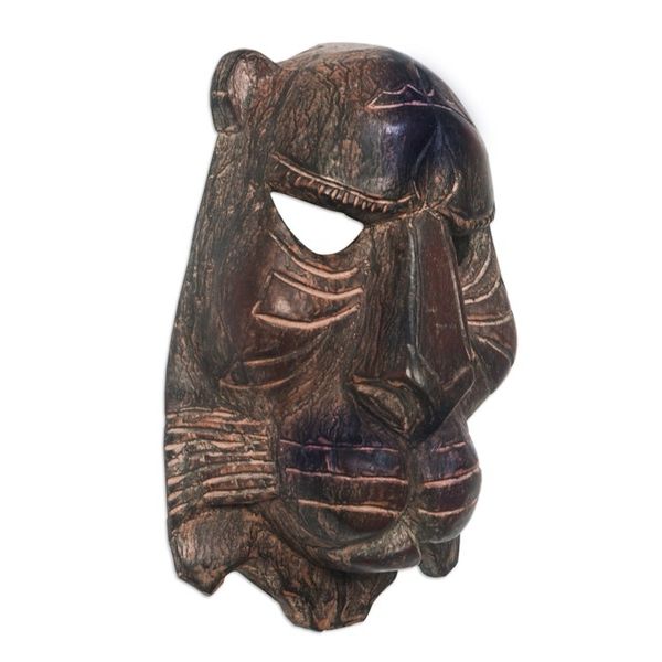 Alternate image for Artisan Carved Sese Wood Wild Cat Mask from Ghana Watchful Wild Cat