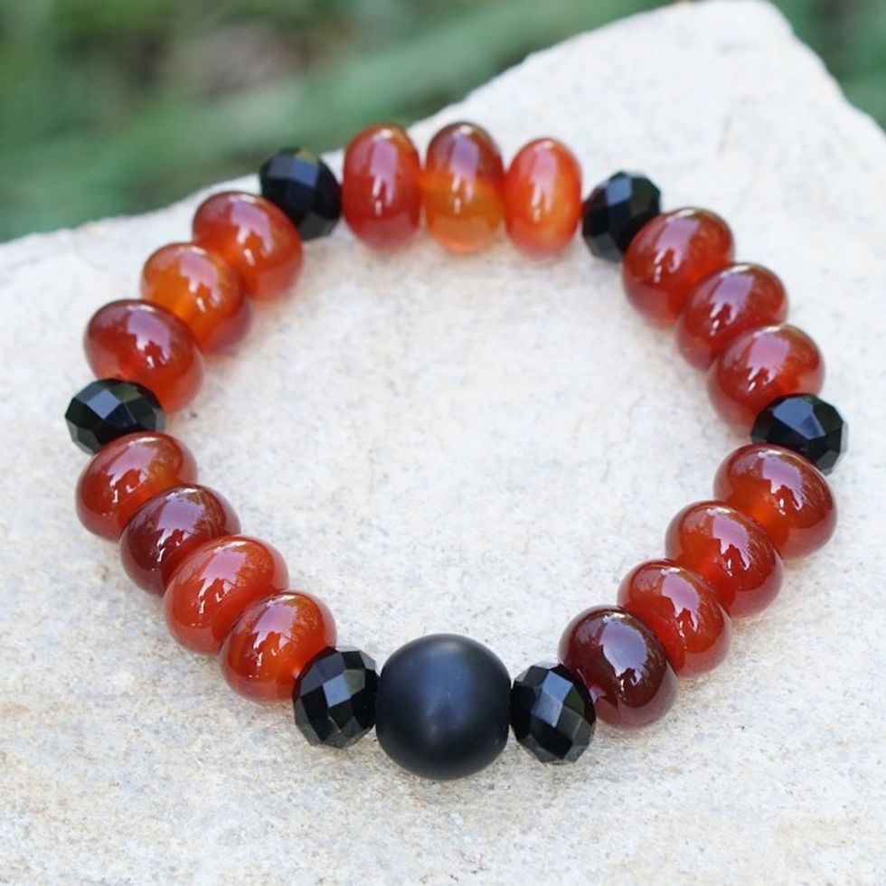 Eco-Friendly Red Agate and Onyx Beaded Stretch Bracelet 'Flaming Prestige'