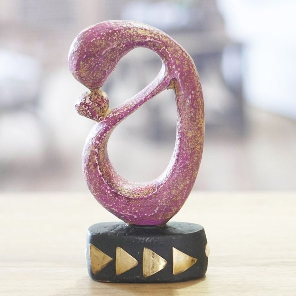 Brass-Accented Hand-Painted Mother and Child Wood Sculpture 'Sweet Bond'
