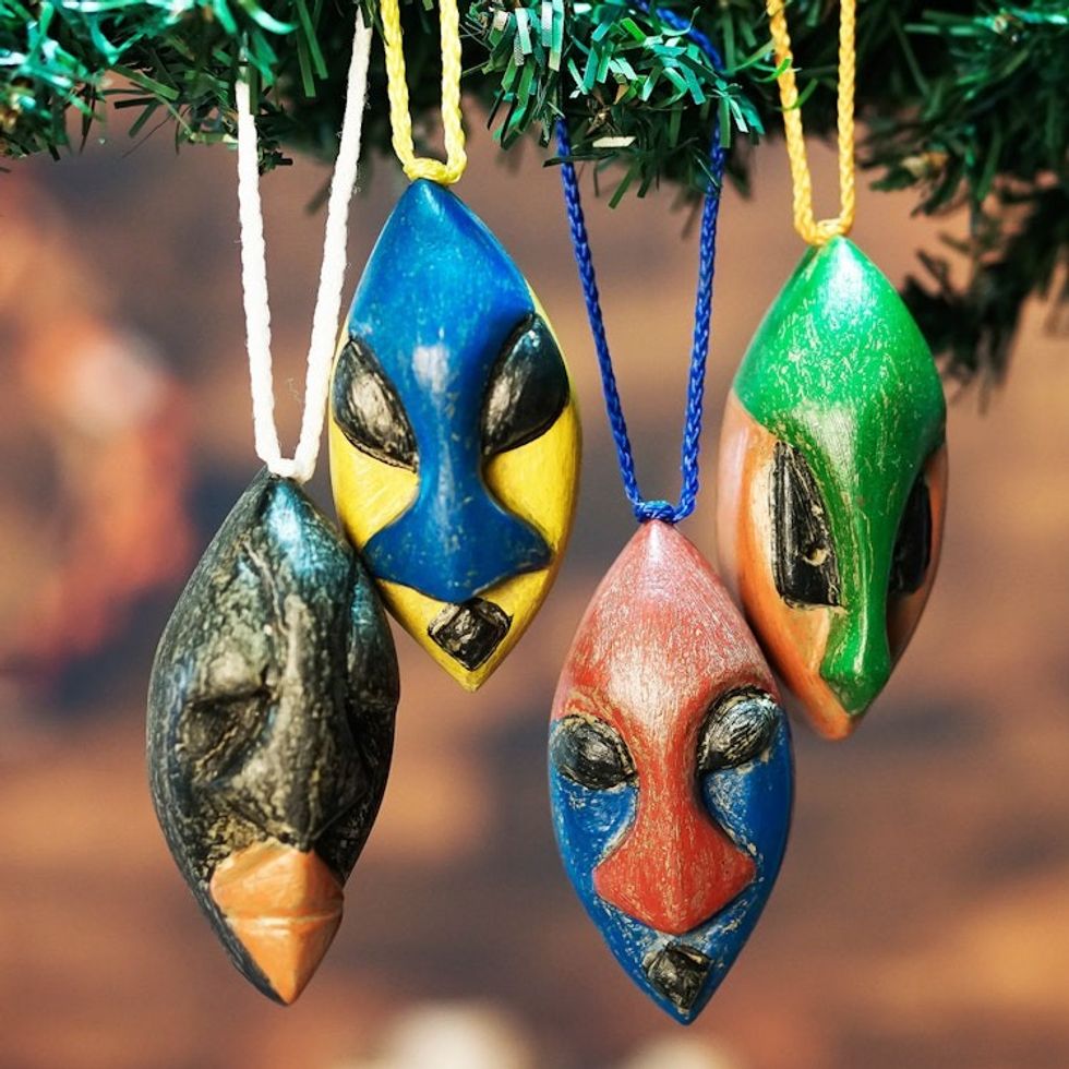 Set of 4 Handcrafted Ofram Wood African Mask Ornaments 'Okwonko'