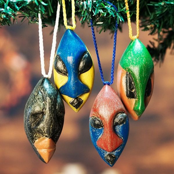 Alternate image for Set of 4 Handcrafted Ofram Wood African Mask Ornaments Okwonko