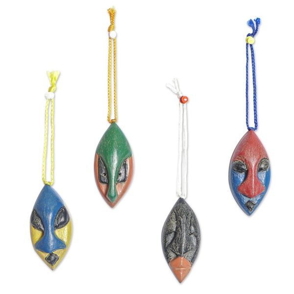 Alternate image for Set of 4 Handcrafted Ofram Wood African Mask Ornaments Okwonko