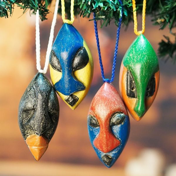 Alternate image for Set of 4 Handcrafted Ofram Wood African Mask Ornaments Okwonko