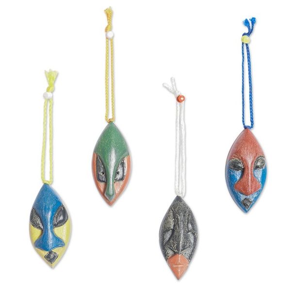 Alternate image for Set of 4 Handcrafted Ofram Wood African Mask Ornaments Okwonko