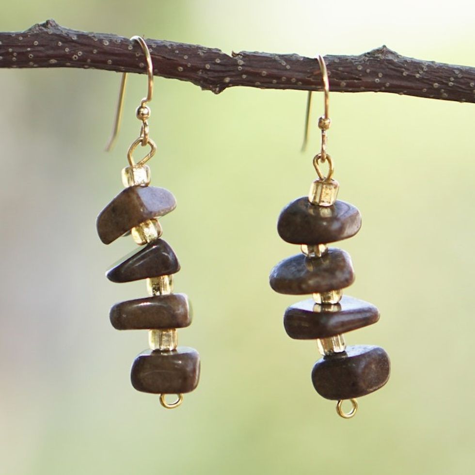 Natural Agate and Recycled Glass Beaded Dangle Earrings 'Proud Queen'