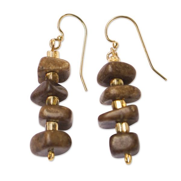 Alternate image for Natural Agate and Recycled Glass Beaded Dangle Earrings Proud Queen