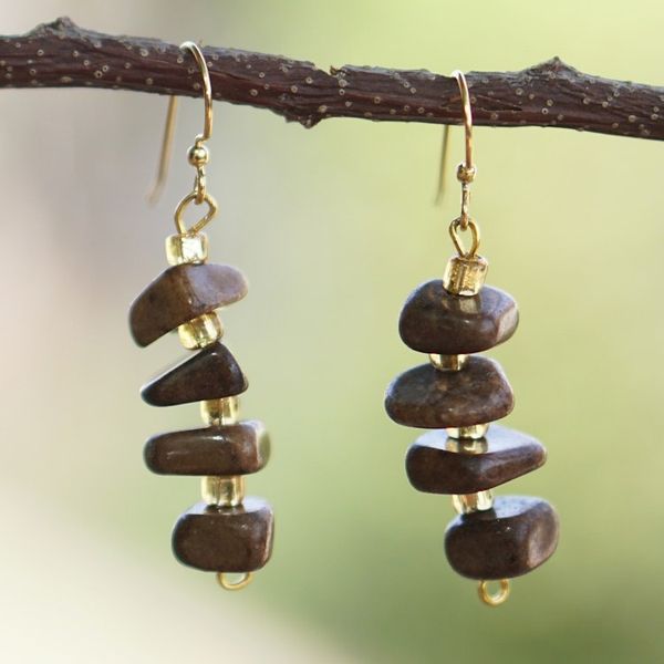 Alternate image for Natural Agate and Recycled Glass Beaded Dangle Earrings Proud Queen