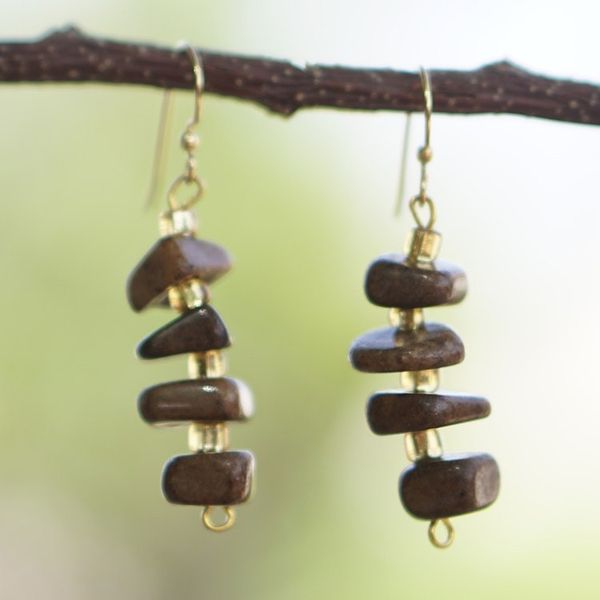 Alternate image for Natural Agate and Recycled Glass Beaded Dangle Earrings Proud Queen