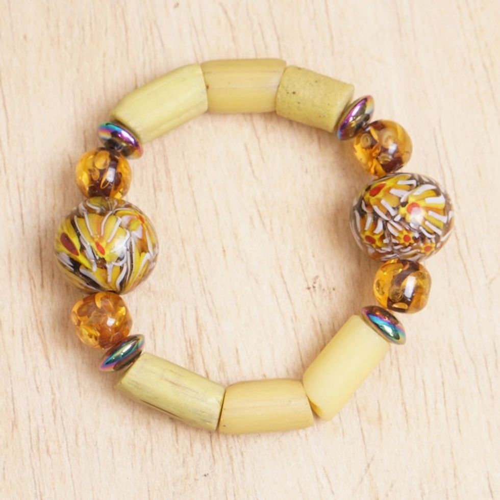 Yellow-Toned Recycled Glass and Plastic Beaded Bracelet 'Prosperous Memory'