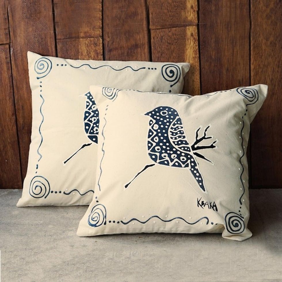 Bird-Themed Cotton Cushion Covers Pair 'Perching'