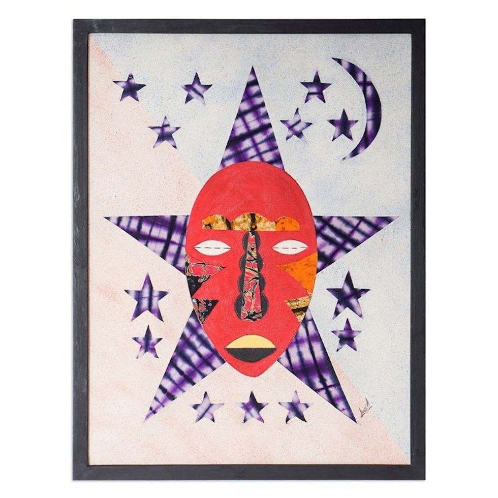 Batik Collage Cotton Wall Art of Red African Mask with Stars 'Tuesday'