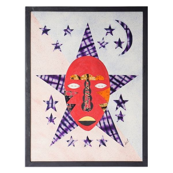 Alternate image for Batik Collage Cotton Wall Art of Red African Mask with Stars Tuesday