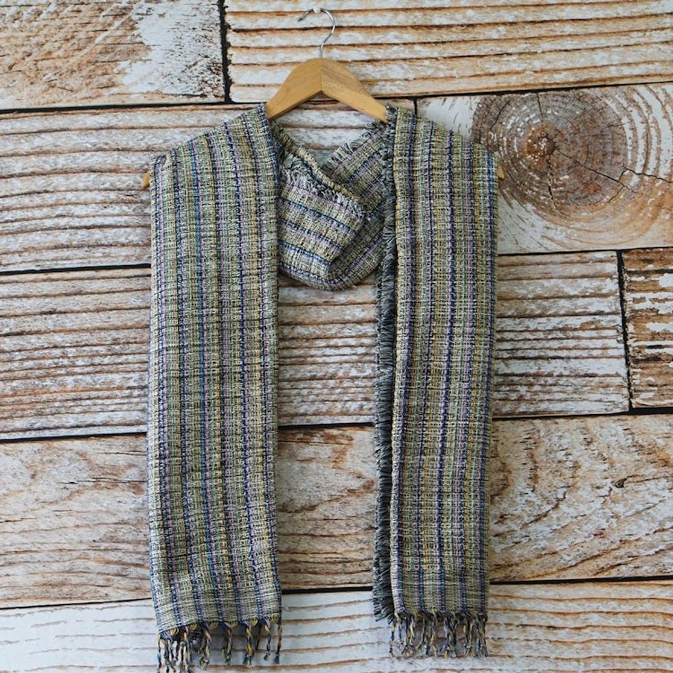 Fringed Cotton Blend Scarf with Stripes Hand-Woven in Ghana 'Nyaniba IV'