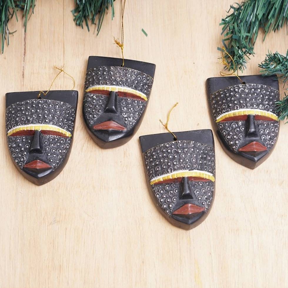 Set of 4 Aluminum-Accented Sese Wood African Mask Ornaments 'Metallic Glances'