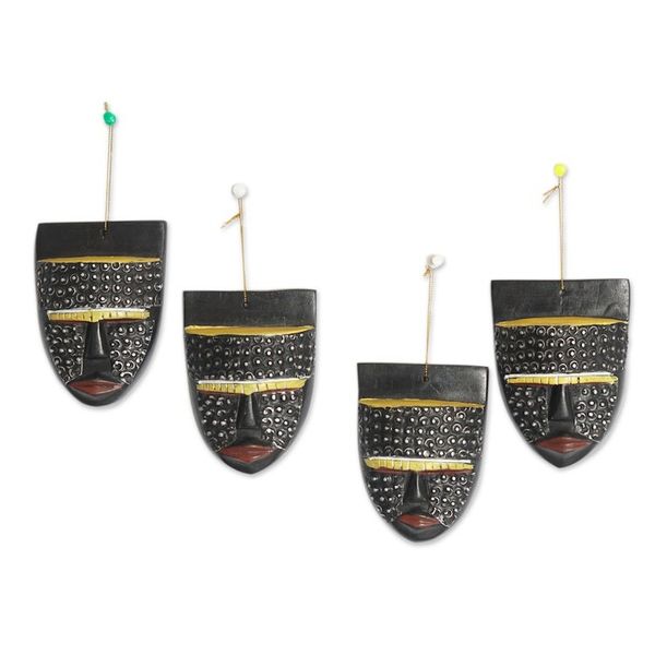 Alternate image for Set of 4 Aluminum-Accented Sese Wood African Mask Ornaments Metallic Glances