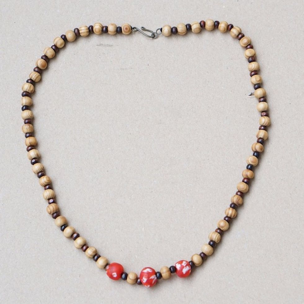 Eco-Friendly Sese Wood and Recycled Glass Beaded Necklace 'Fearless Red'