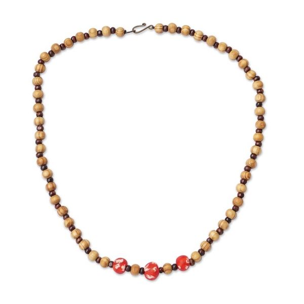 Alternate image for Eco-Friendly Sese Wood and Recycled Glass Beaded Necklace Fearless Red