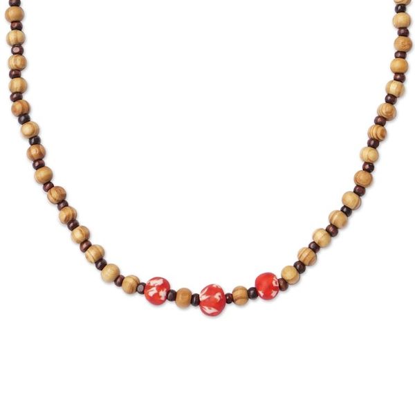 Alternate image for Eco-Friendly Sese Wood and Recycled Glass Beaded Necklace Fearless Red