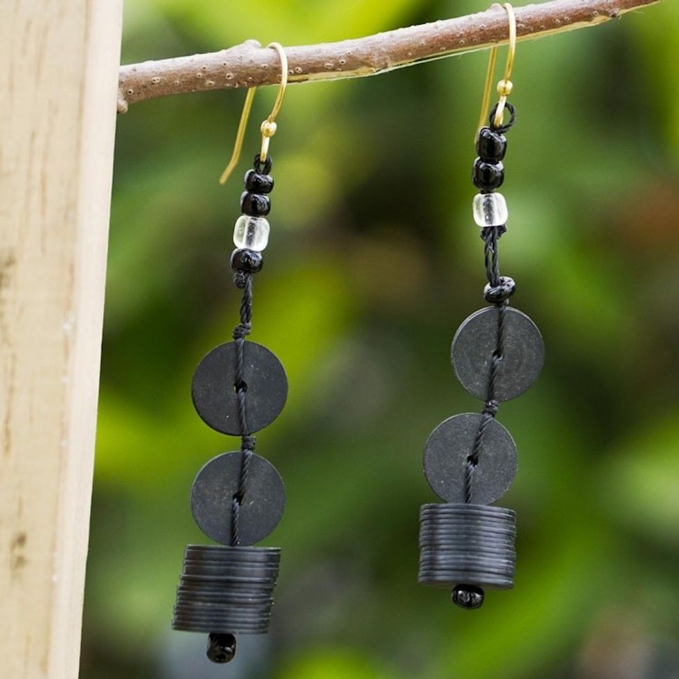 Artisan Crafted Eco-Friendly Beaded Dangle Earrings 'Dark of the Night'