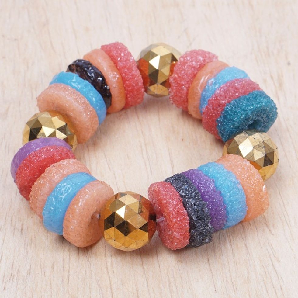 Colorful Recycled Glass and Crystal Beaded Stretch Bracelet 'Sikli'