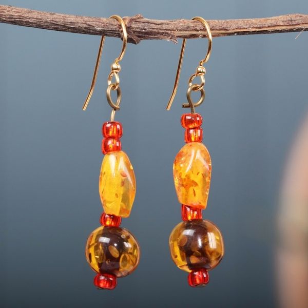 Alternate image for Golden and Red Recycled Glass Beaded Dangle Earrings Fire Essence