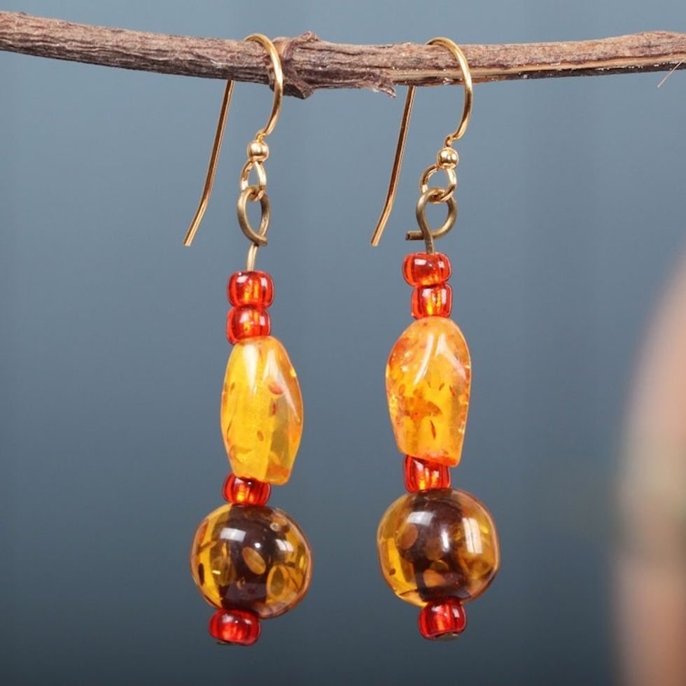 Golden and Red Recycled Glass Beaded Dangle Earrings 'Fire Essence'