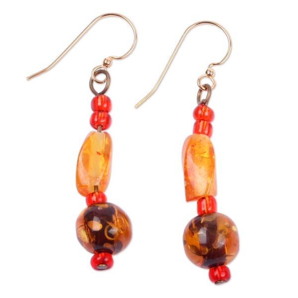 Alternate image for Golden and Red Recycled Glass Beaded Dangle Earrings Fire Essence