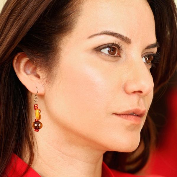 Alternate image for Golden and Red Recycled Glass Beaded Dangle Earrings Fire Essence
