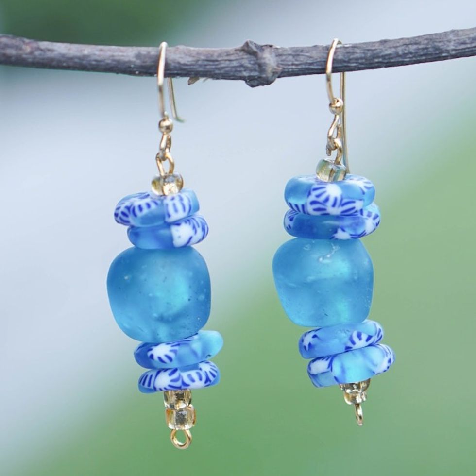 Recycled Glass Beaded Dangle Earrings in Light Blue White 'Sky Bound'