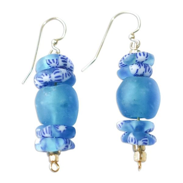 Alternate image for Recycled Glass Beaded Dangle Earrings in Light Blue White Sky Bound