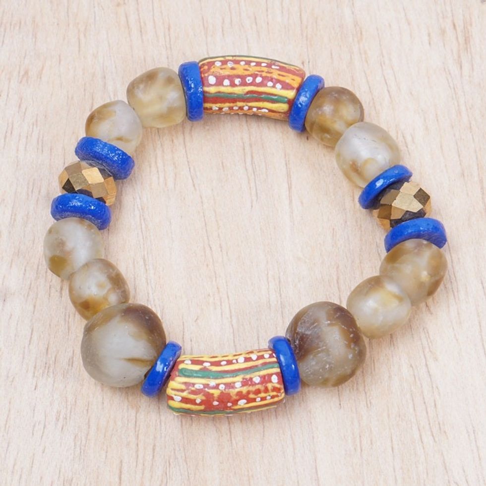 Eco-Friendly Blue and Red Recycled Glass Beaded Bracelet 'Aseda in Winter'