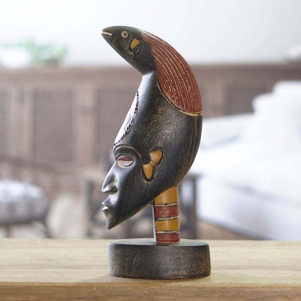 Red and Black Sese Wood Sculpture with Aluminum Accents 'Hunter Head'