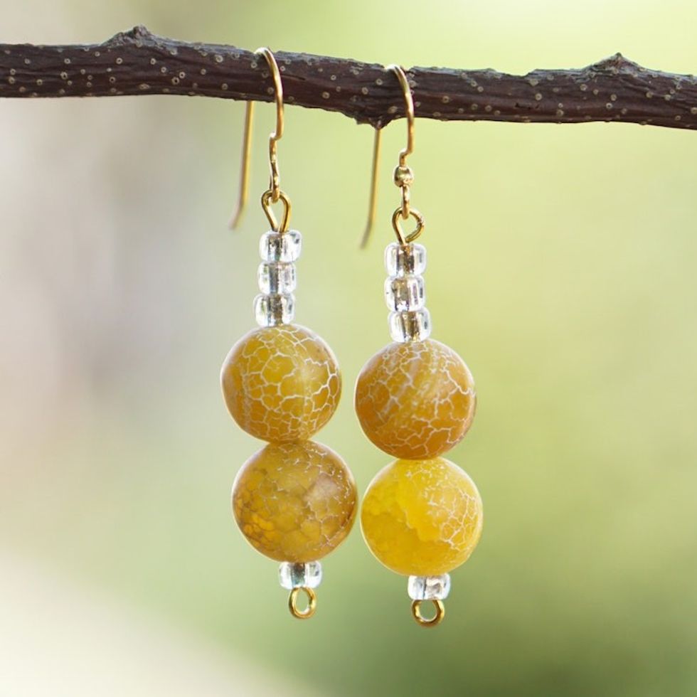 Yellow Agate and Recycled Glass Beaded Dangle Earrings 'Sunny Universe'