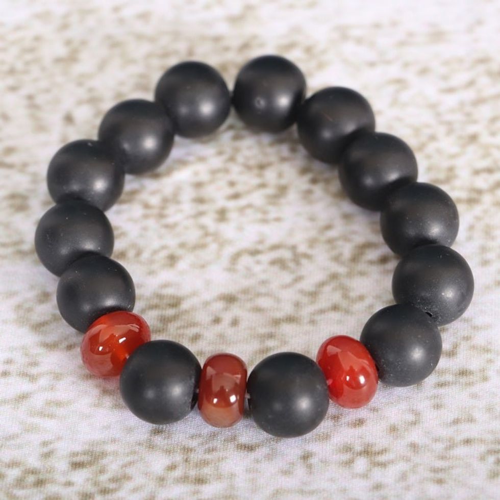Eco-Friendly Agate Recycled Glass Beaded Stretch Bracelet 'Odo Yewu'