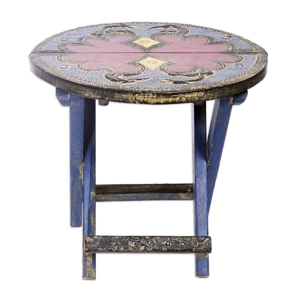 Handcrafted Blue Flamingo Sese Wood Folding Table 'Blue Flamingo'