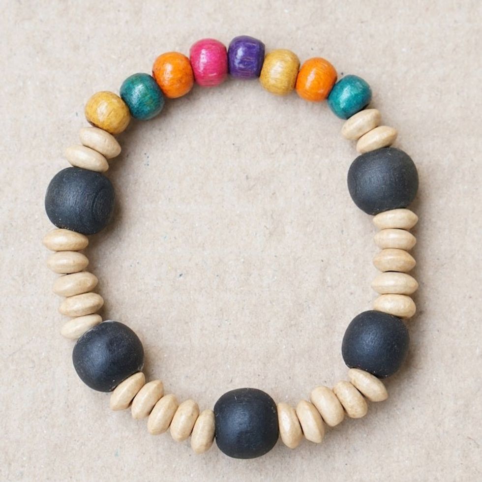 Vibrant Recycled Glass and Sese Wood Beaded Stretch Bracelet 'Divine Touch'