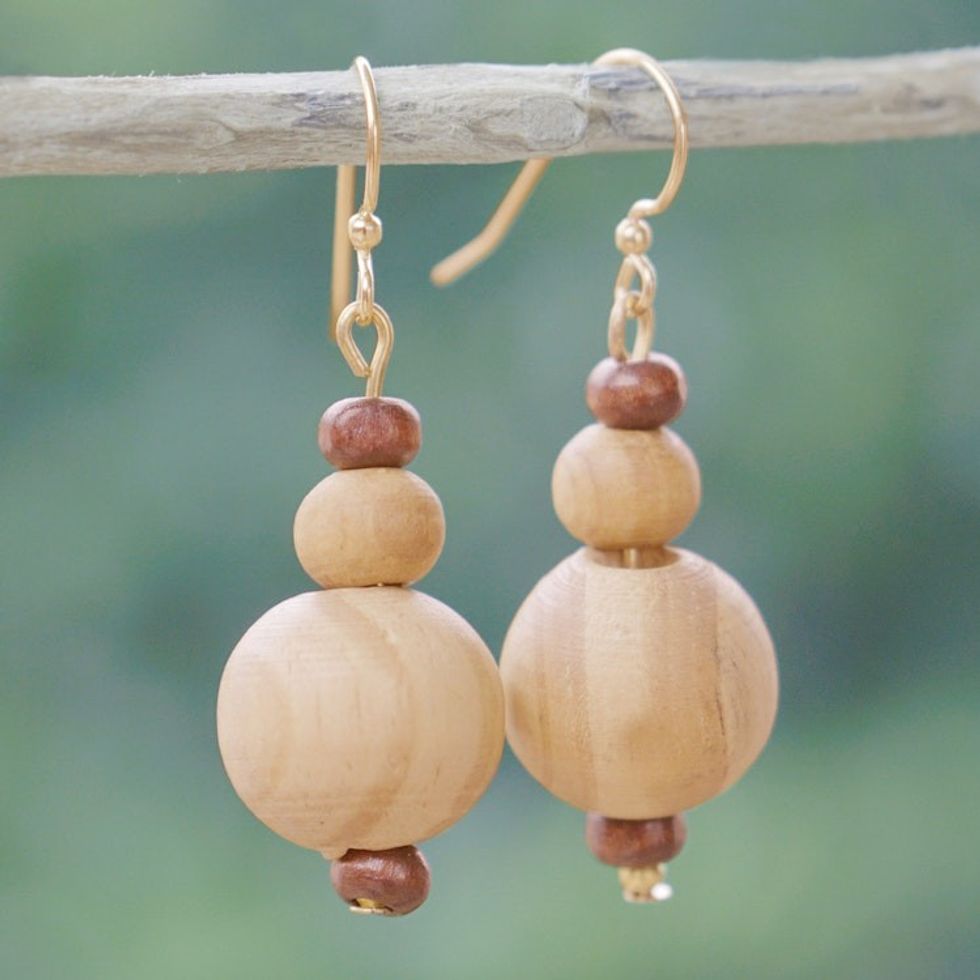 Eco-Friendly Sese Wood Beaded Dangle Earrings from Ghana 'Forest Luck'