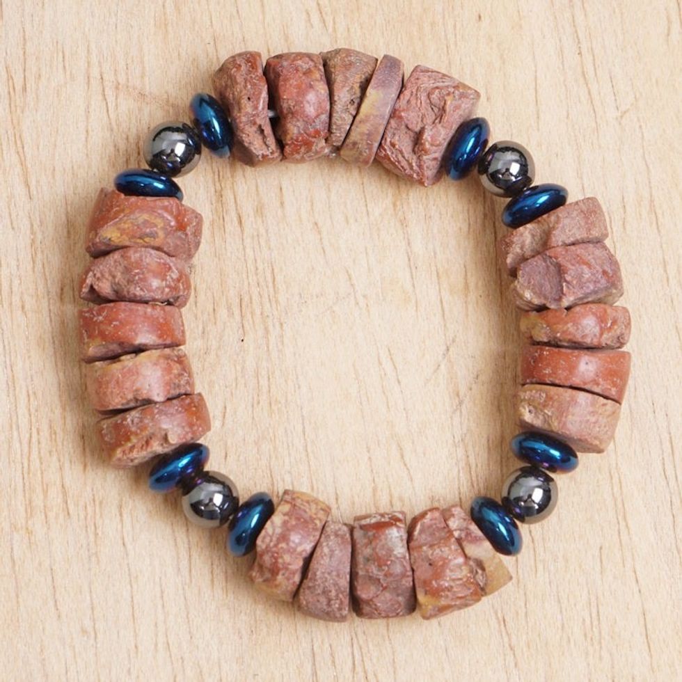 Bauxite and Recycled Glass Beaded Stretch Bracelet 'Vibrant Earth'