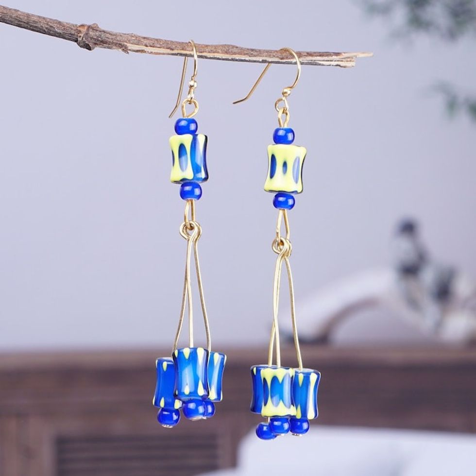 Eco-Friendly Blue and Yellow Recycled Glass Dangle Earrings 'Blue Countess'
