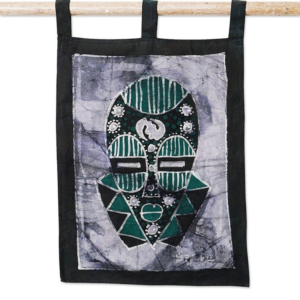 Cotton Wall Hanging of African Mask in a Cool Palette 'Green Silence'