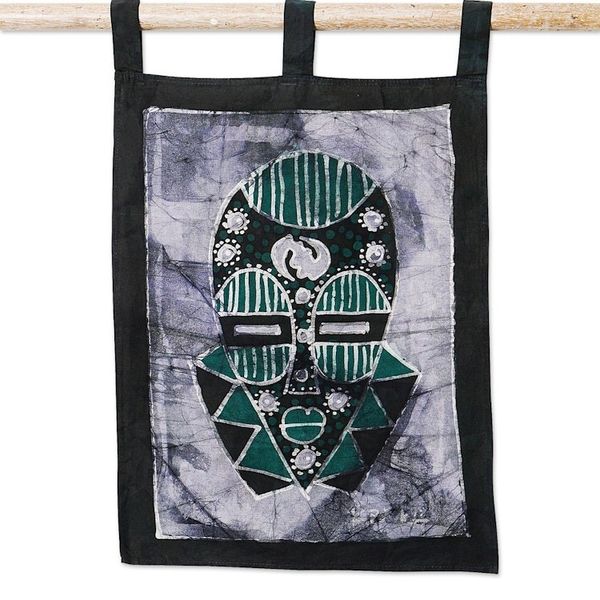 Alternate image for Cotton Wall Hanging of African Mask in a Cool Palette Green Silence