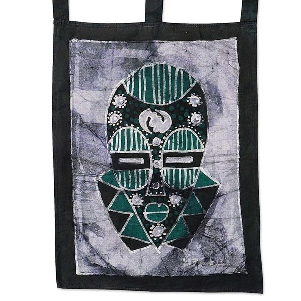Alternate image for Cotton Wall Hanging of African Mask in a Cool Palette Green Silence
