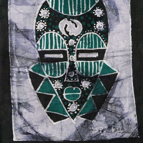 Alternate image for Cotton Wall Hanging of African Mask in a Cool Palette Green Silence