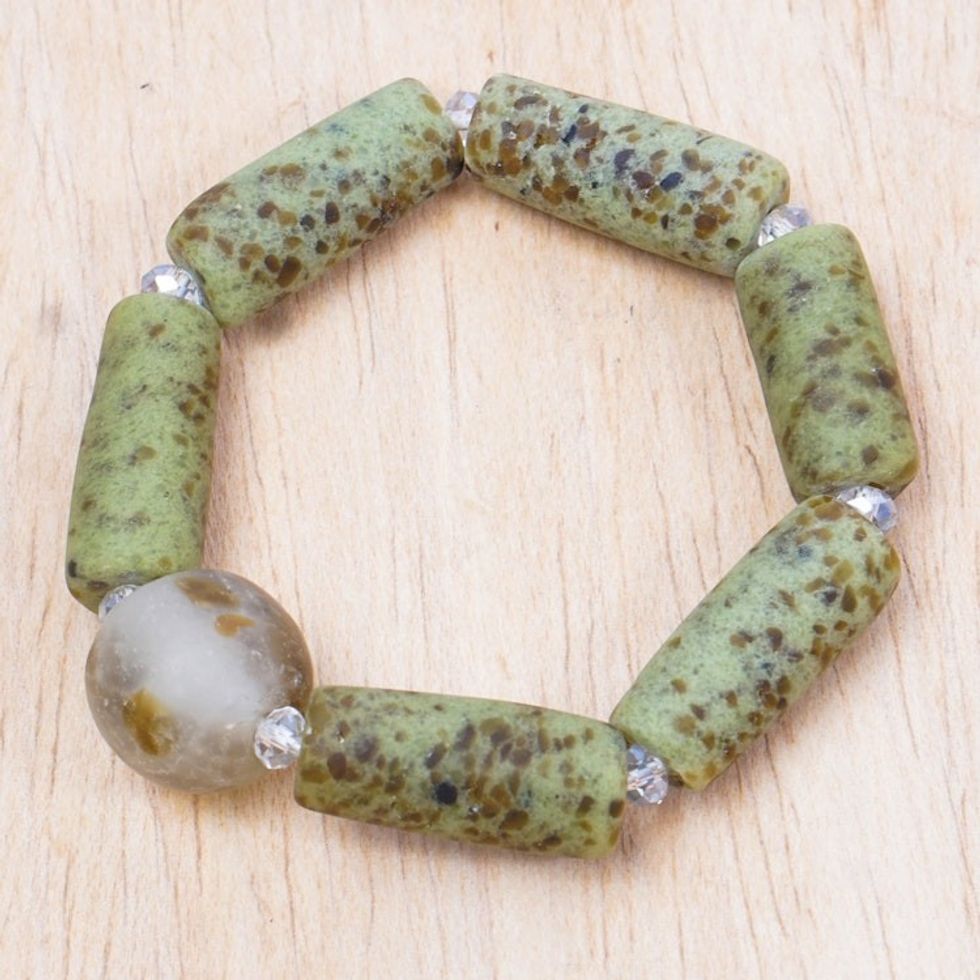 Eco-Friendly Green Recycled Glass and Agate Beaded Bracelet 'Green Pride'