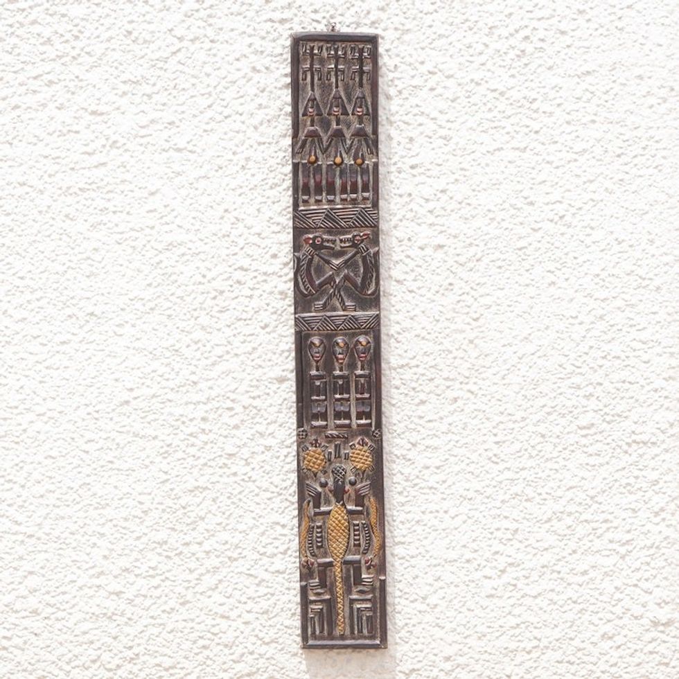Ghanaian Mahogany Wall Relief Panel Carved Painted by Hand 'Malian Dogon Board'