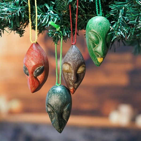 Alternate image for Set of 4 Ofram Wood African Mask Ornaments Handmade in Ghana Ancestral Voices