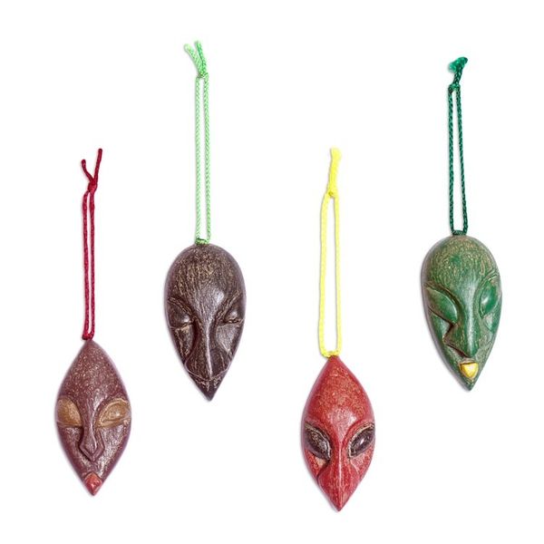 Alternate image for Set of 4 Ofram Wood African Mask Ornaments Handmade in Ghana Ancestral Voices