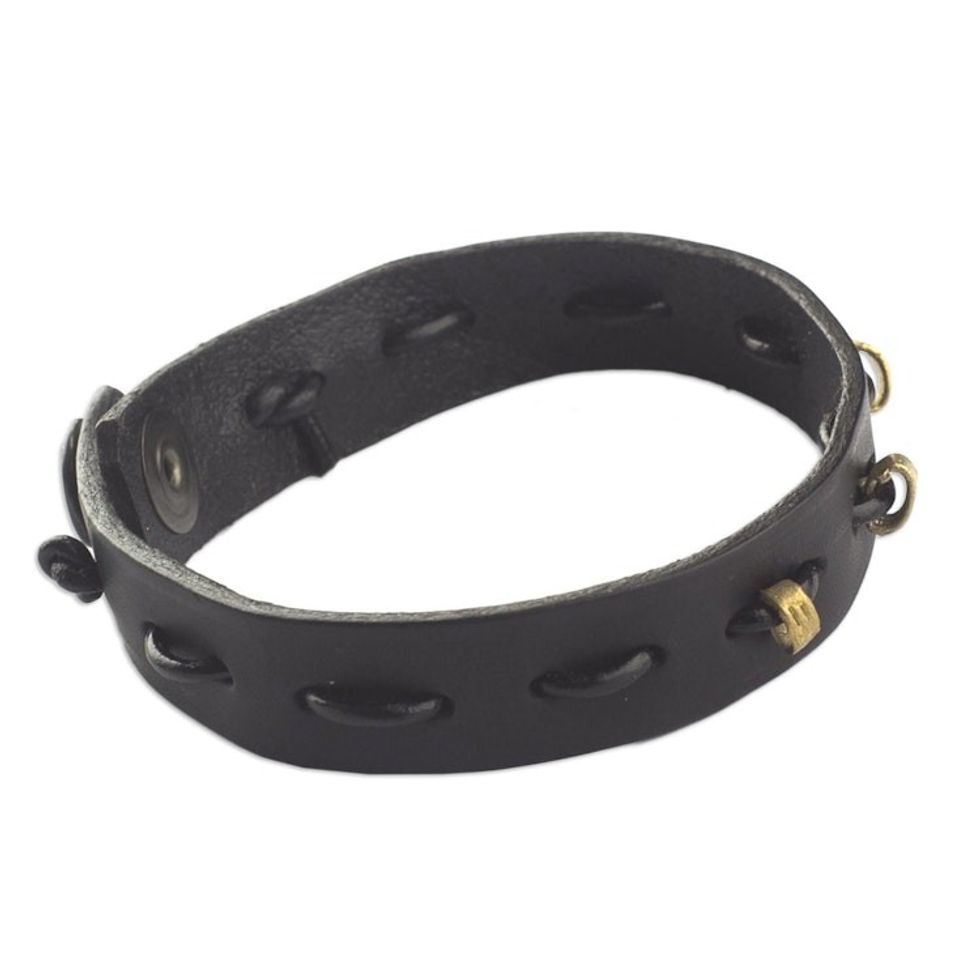 Black Leather and Brass Wristband Bracelet 'Run Along in Black'