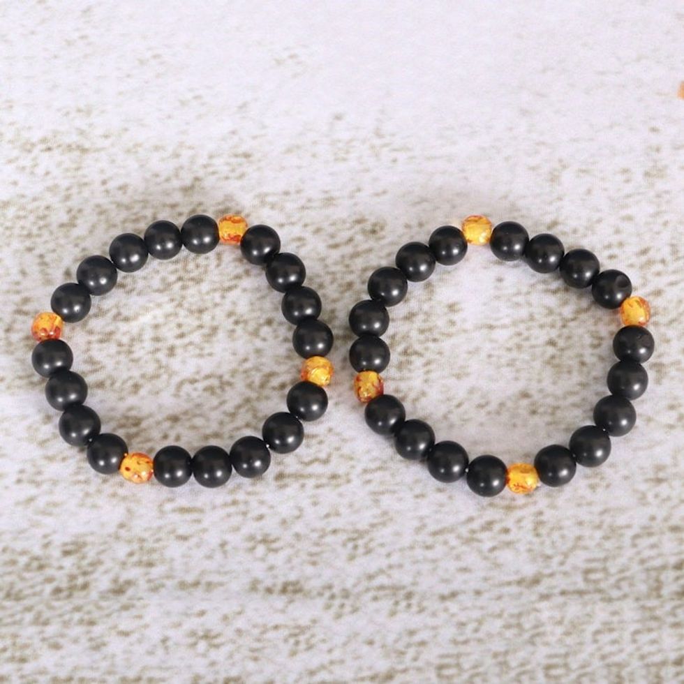 Two Black and Yellow Recycled Glass Beaded Stretch Bracelets 'Galaxy Glam'