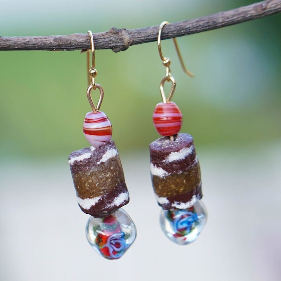 Brown and Red Recycled Glass Beaded Dangle Earrings 'Precious Land'